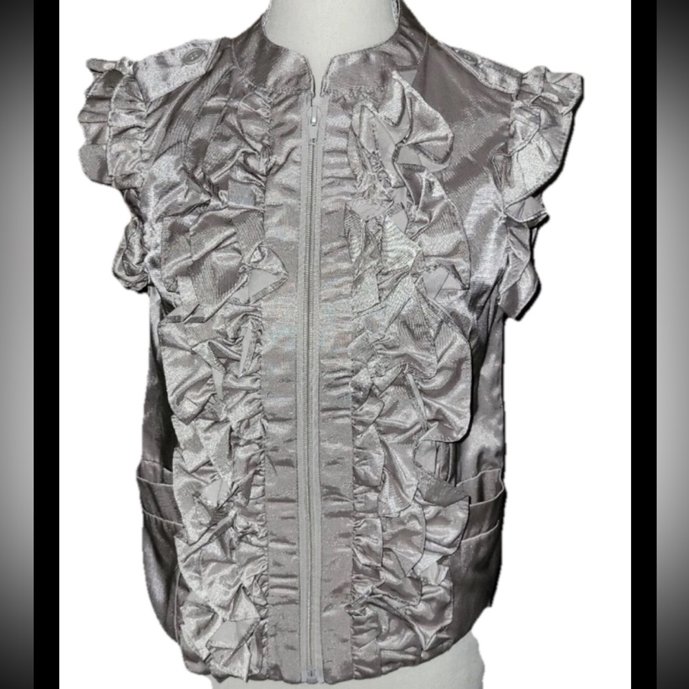 Charming Charlie Silver shiny RUFFLE Sleeve Zip Up VEST WOMEN L METALLIC pockets